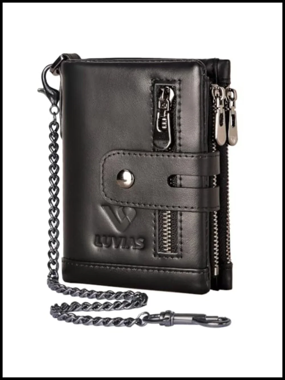 Anti-Theft Men's Genuine Leather Wallet with Chain, RFID Blocking Bifold